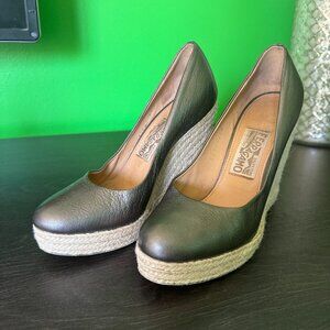 Ferragamo Metallic Leather Espadrille Wedge Pumps 6.5